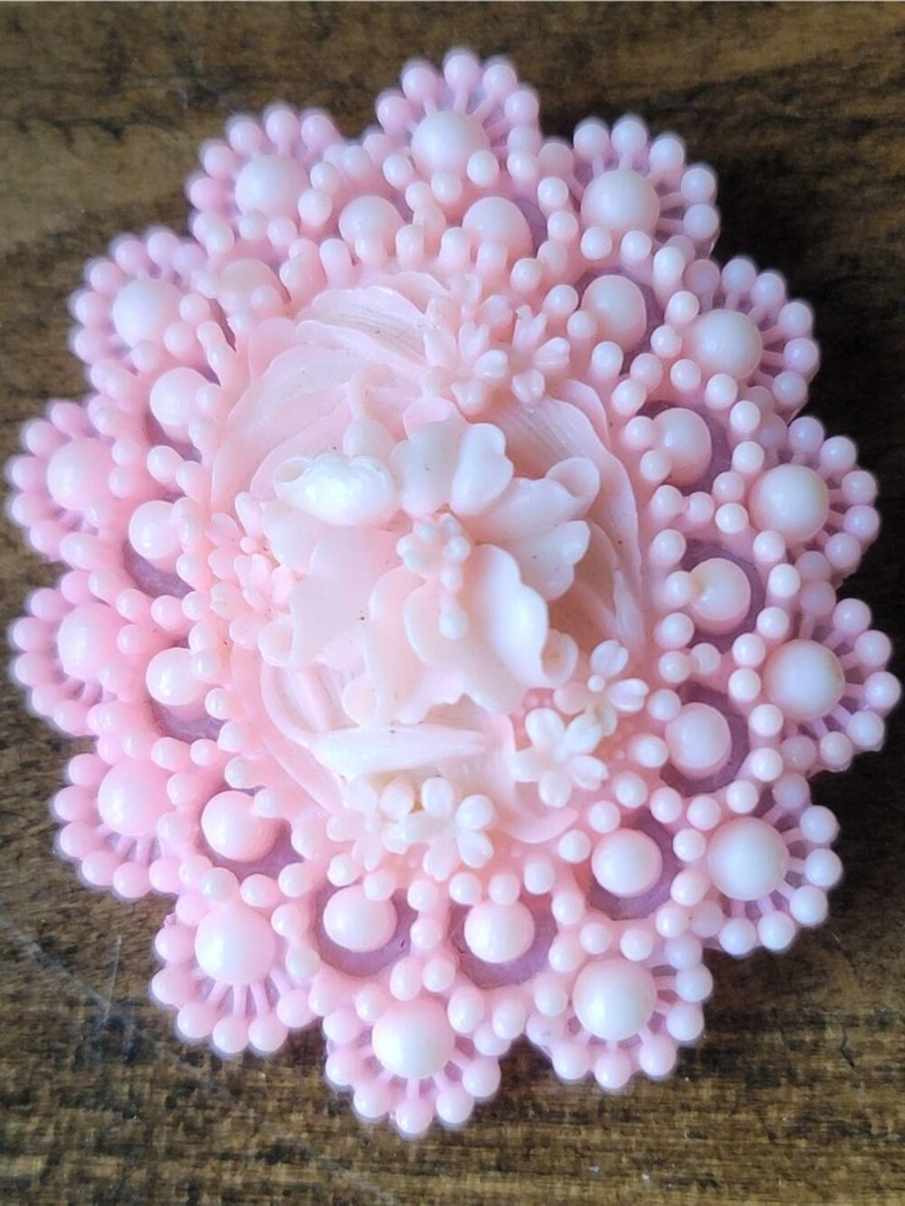 Vintage Celluloid Pink Flower Brooch, Early Plastic Lacy Floral Pin, Mid Century